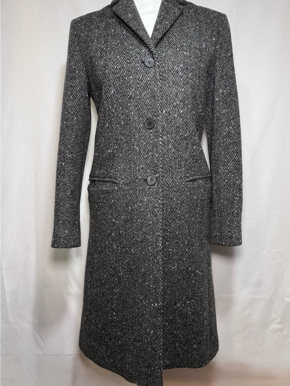 Calvin Klein Gray Herringbone Wool Blend Trench Coat